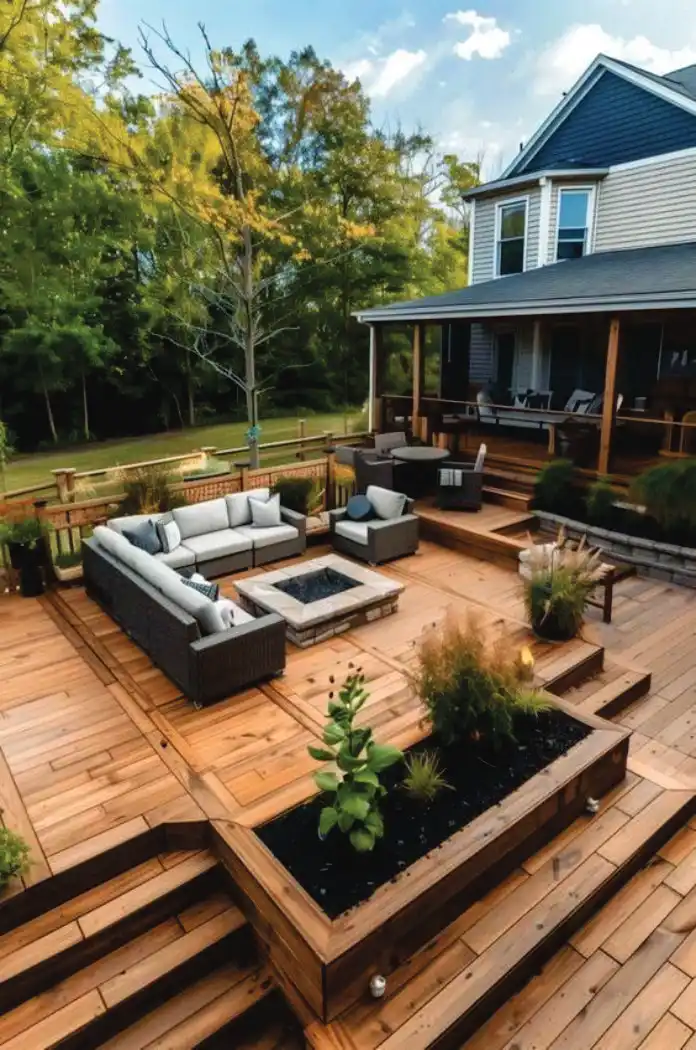 Custom deck with fire pit and seating area