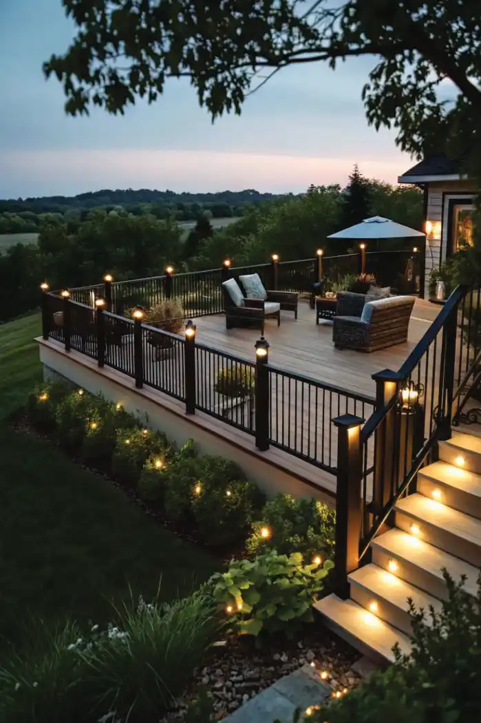 Multi-level deck with lights at dusk